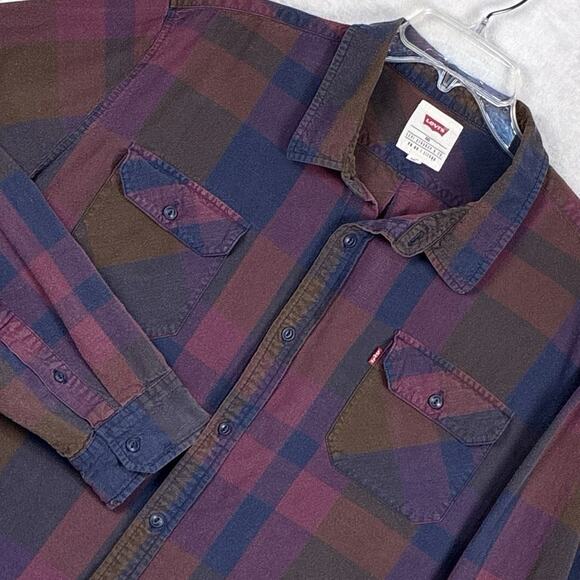 VTG 90s Levis Flannel Short Men XXL Pink Purple Brown Plaid Grunge Outdoor Indie - Picture 1 of 9